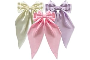 Loqpol 3 PCS Silky Satin Hair Bows, Oversized Long Tail Bows with Barrette Clips, Coquette Hair Accessories for Women and Girls (Light Pink - Lavender - Beige)