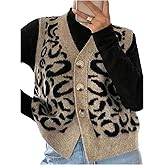 SOLY HUX Women's Leopard Sweater Vest Button Up Sleeveless Knit Tops Fall Clothes