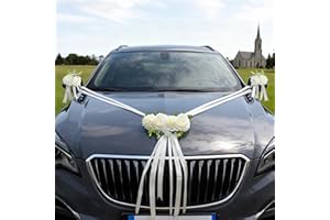 CusDusk White Wedding Car Decoration Kit – Floral Hood Arrangement, Side Mirror Flowers, Satin Ribbons & Door Handle Bows Tap