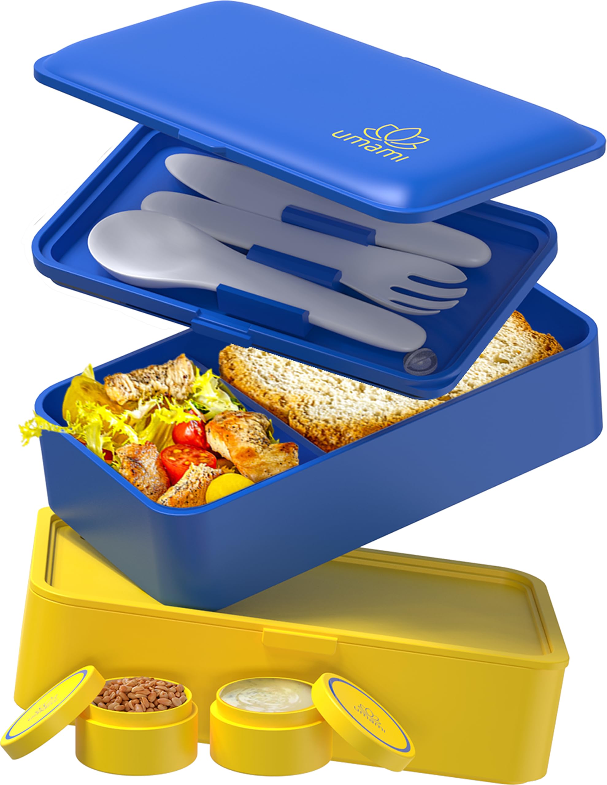 Umami Bento Box Adult All-in-1 w/4 Utensils, 100% Leakproof, Dishwasher & Microwave Safe Lunch Containers for Adults w/ 4 Compartments, Blue & Gold, 1200 ml