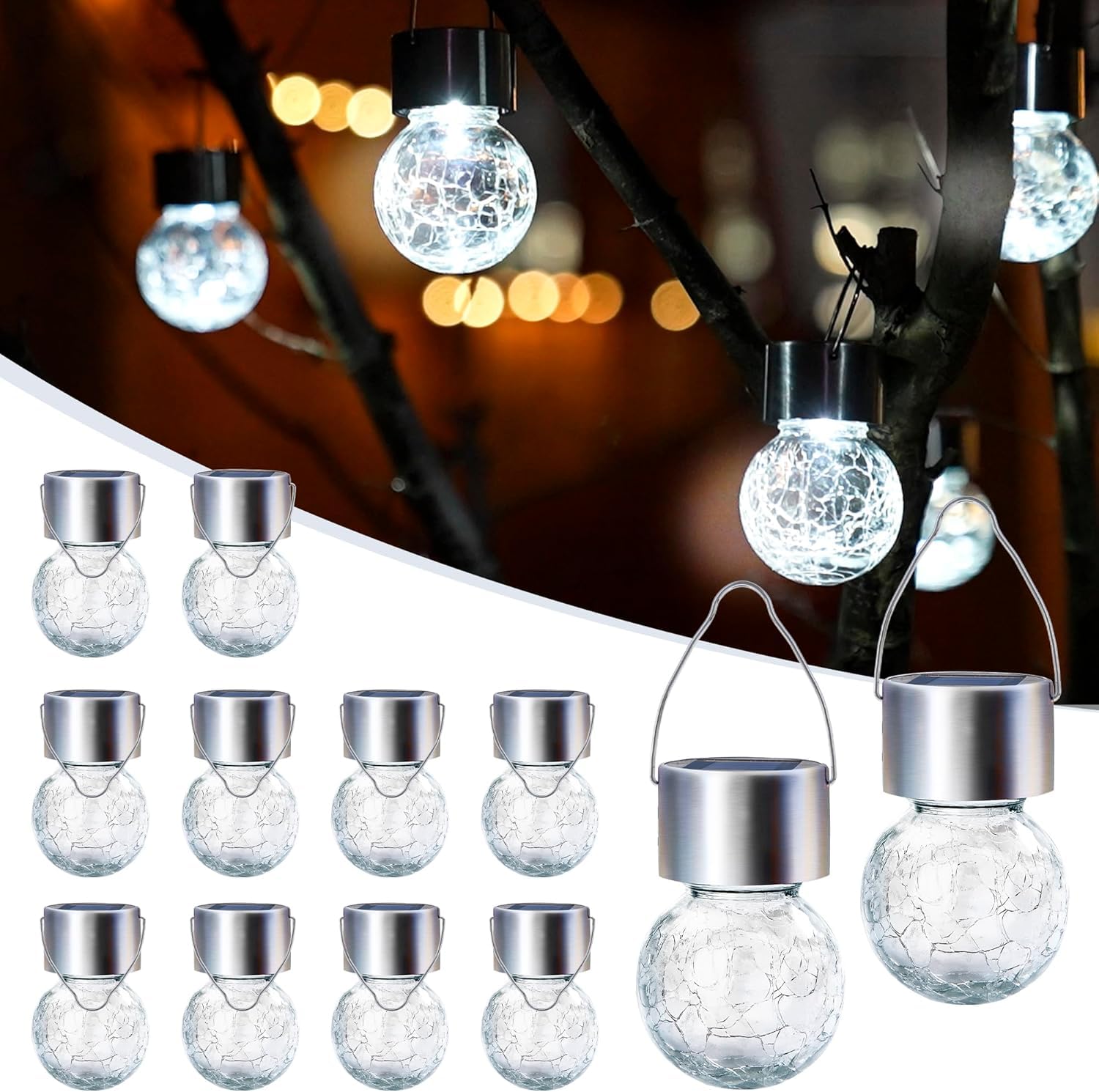 GIGALUMI 12 Pack Solar Hanging Lights for Christmas Decoration - Cracked Glass, Waterproof for Garden, Yard, Fence, Tree (Cold White)
