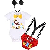 Baby Boy 1/2 Half Birthday Cake Smash Outfit Romper+Diaper Cover+Suspenders+Mouse Headband 4pcs Set Photo Shoot