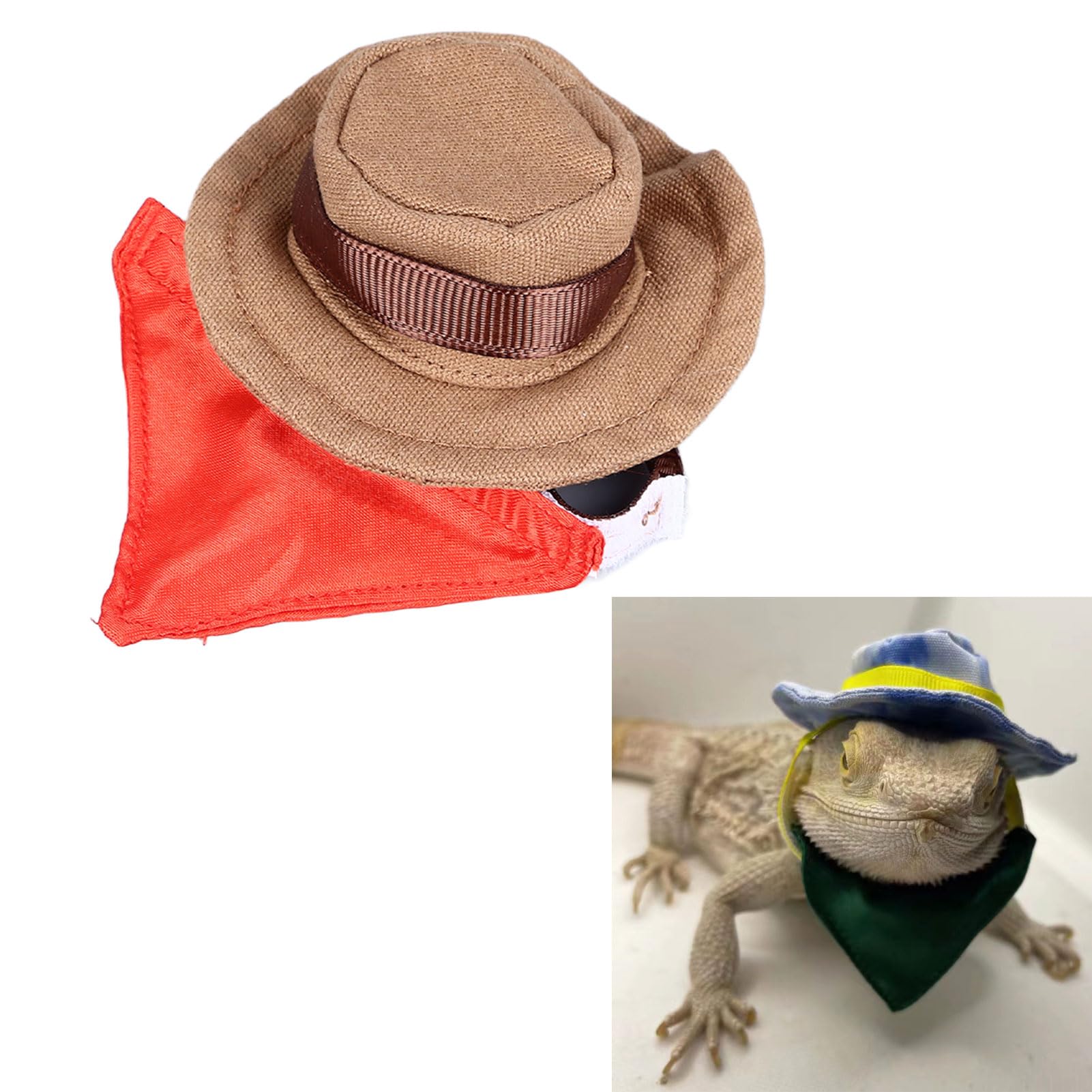 Zerodis SEIS 2PCS Bearded Dragon Cowboy Hat and Bandana, Reptile Costume, Cool Pet Cap, Small Animal Hamster Outfit, Suit Cosplay Sculpt, Halloween Lizard, Cowboy (Coffee)