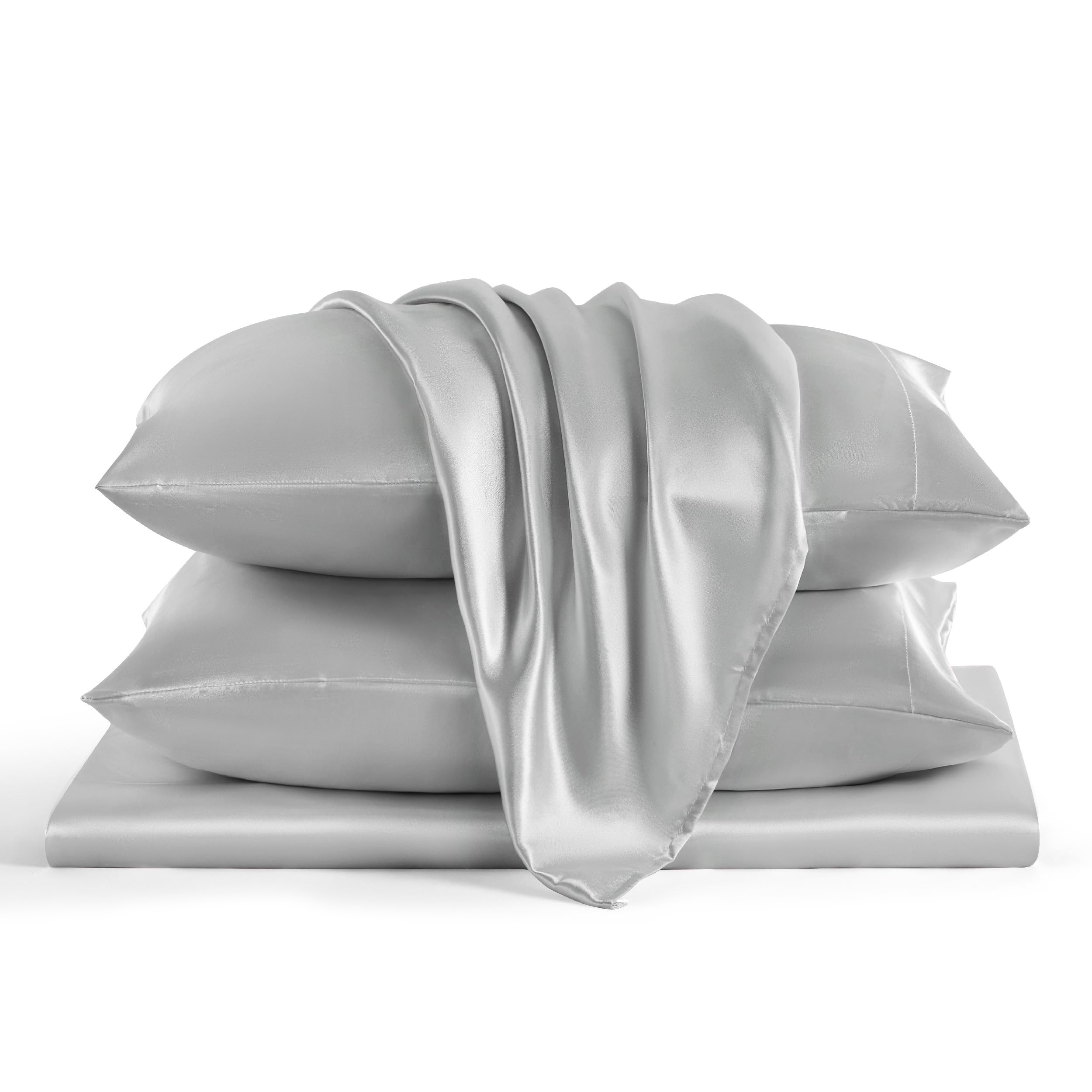 Bedsure Satin Sheets Queen Size - Similar to Silk Sheets, Silky Bedsheet, Luxury & Ultra Soft, Non-Fading & Wrinkle Free, Good for Hair & Skin, Gifts for Women, 4 Pieces, Silver Grey - Image 8