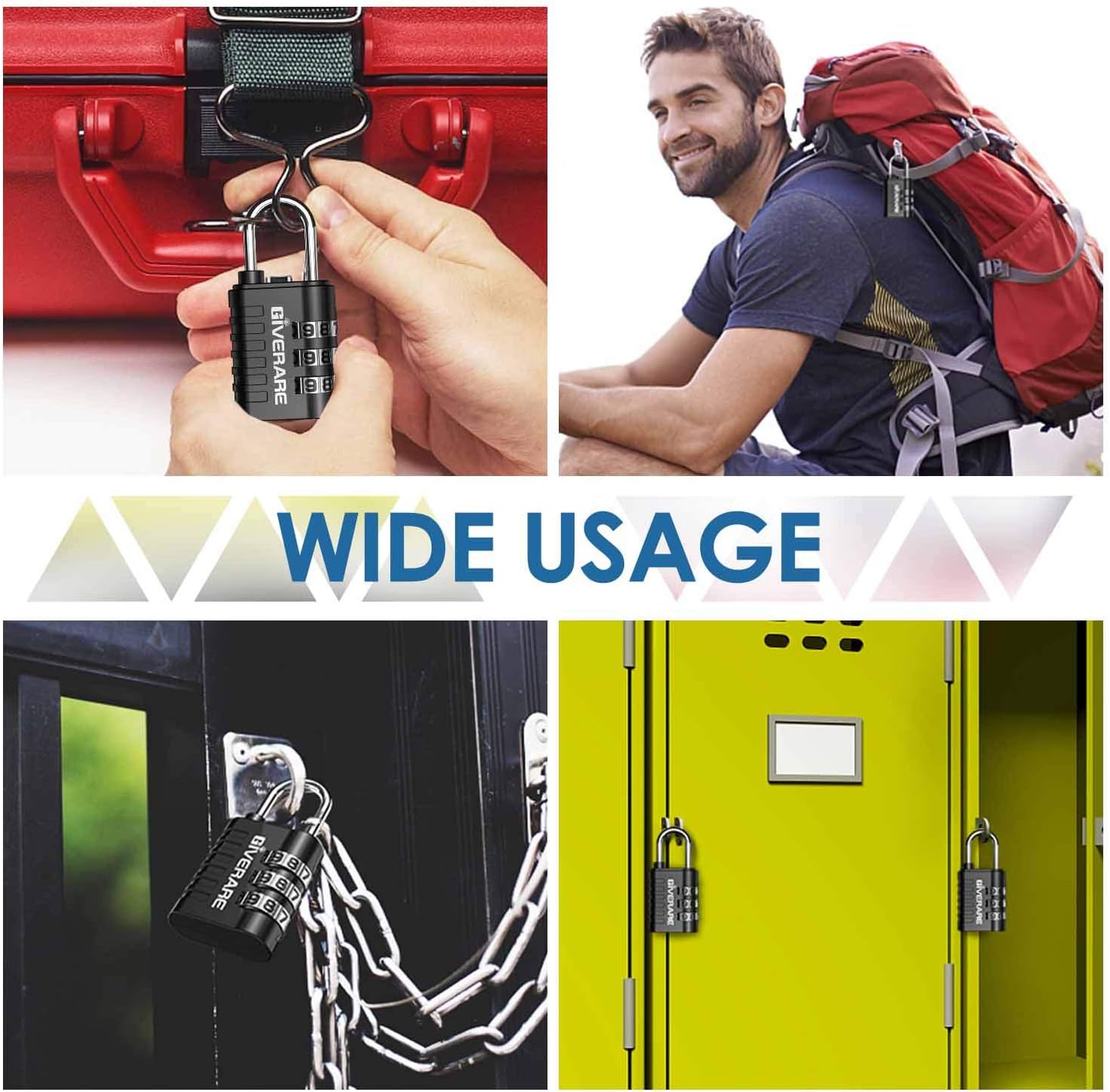 GIVERARE 8 Pack Combination Lock, 3-Digit Padlock Keyless, Resettable Luggage Locks for Backpack, Gym & School & Employee Locker, Weatherproof Travel Lock for Fence, Backyard Gate, Hasp, Case-Black - - 