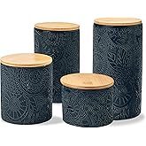American Atelier Embossed Canister 4-Piece Ceramic Set Jar Container with Wooden Lids for Cookies, Candy, Coffee, Flour, Sugar, Rice, Pasta, Cereal & More