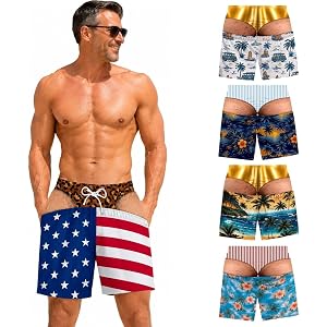 STYQUAL Men's Swim Trunks Funny Hairy Butt Cheek Gag Beach Shorts | Funny 3D Hairy Skin Print Beach wear with Mesh Liner & Po