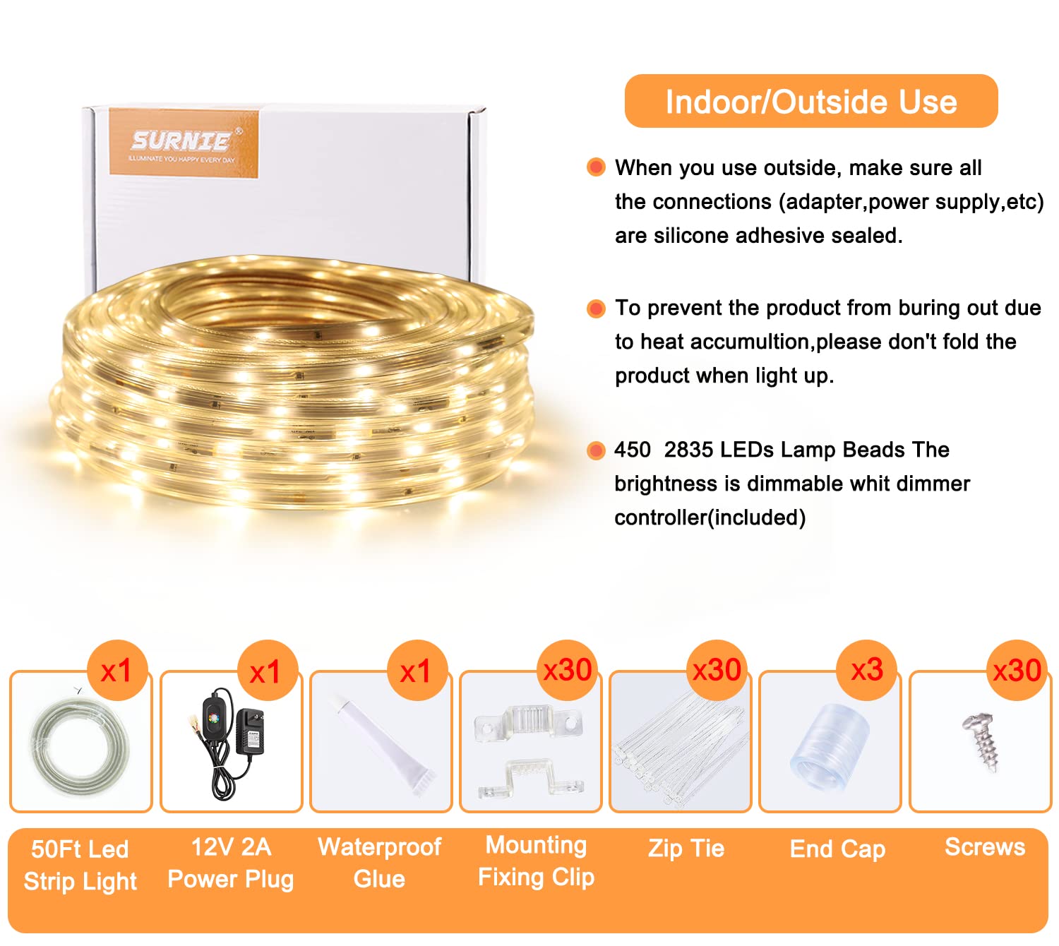 SURNIE LED Rope Lights Outdoor Waterproof 50ft 3000K Soft White Strip