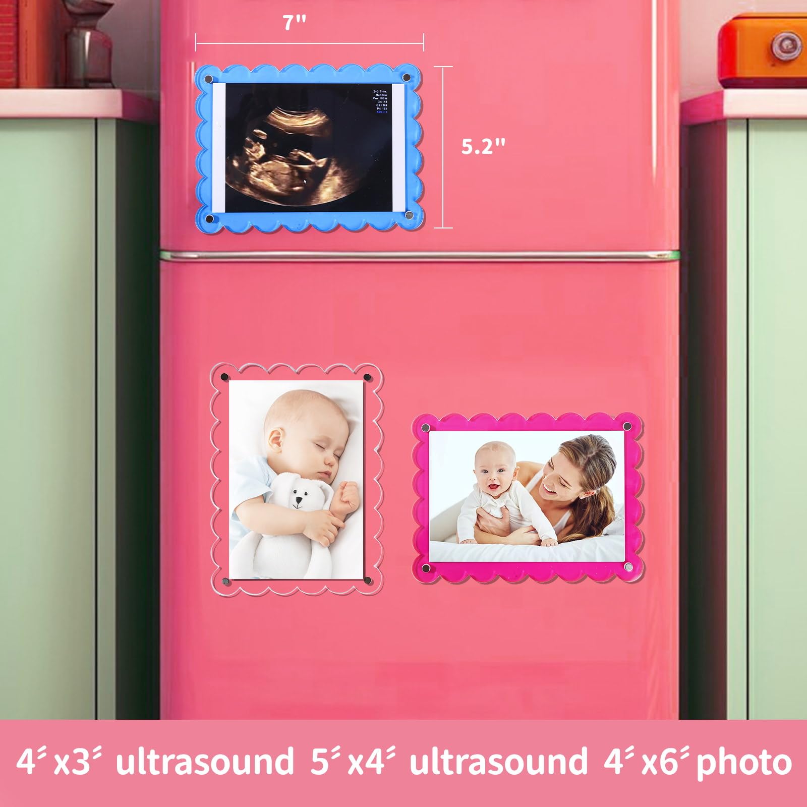 Magnetic Clear Acrylic Scalloped Baby Ultrasound Picture Frame - Sonogram Frame for Refrigerator, Display for Pregnancy Announcement, Gender Reveal & Expecting Parents Gifts(No Stand)