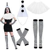 6 PCS Halloween Clown Pierrot Costume Set,Black and White Clown Costume with Polka Dot Headband, Mesh Neck Collar, High Stockings, Arm Sleeve for Women Carnival Party Role Play