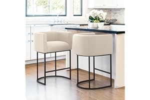 LUE BONA 27" H Counter Height Bar Stools Set of 2, Modern Barrel Counter Stools with Backrest and Arms, Black Metal Frames, Linen Fabric Upholstered Accent Barstools for Kitchen Island, Linen Color