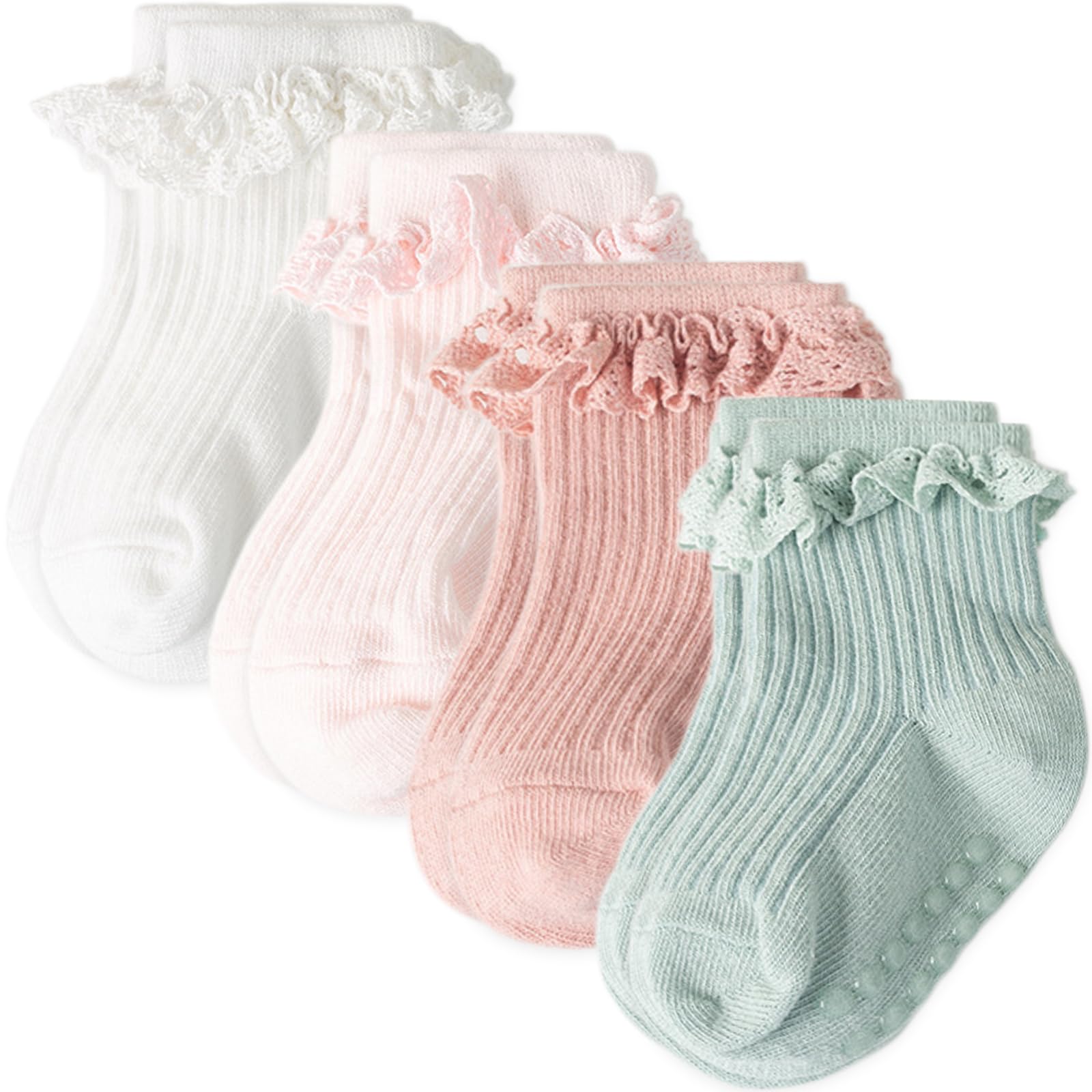 Photo 1 of AQOKKA Baby Girl Toddlers Socks with Non-slip Grip Cute Frilly Ruffle Ankle Soft Cotton Newborn Baby Socks for Infant Kids