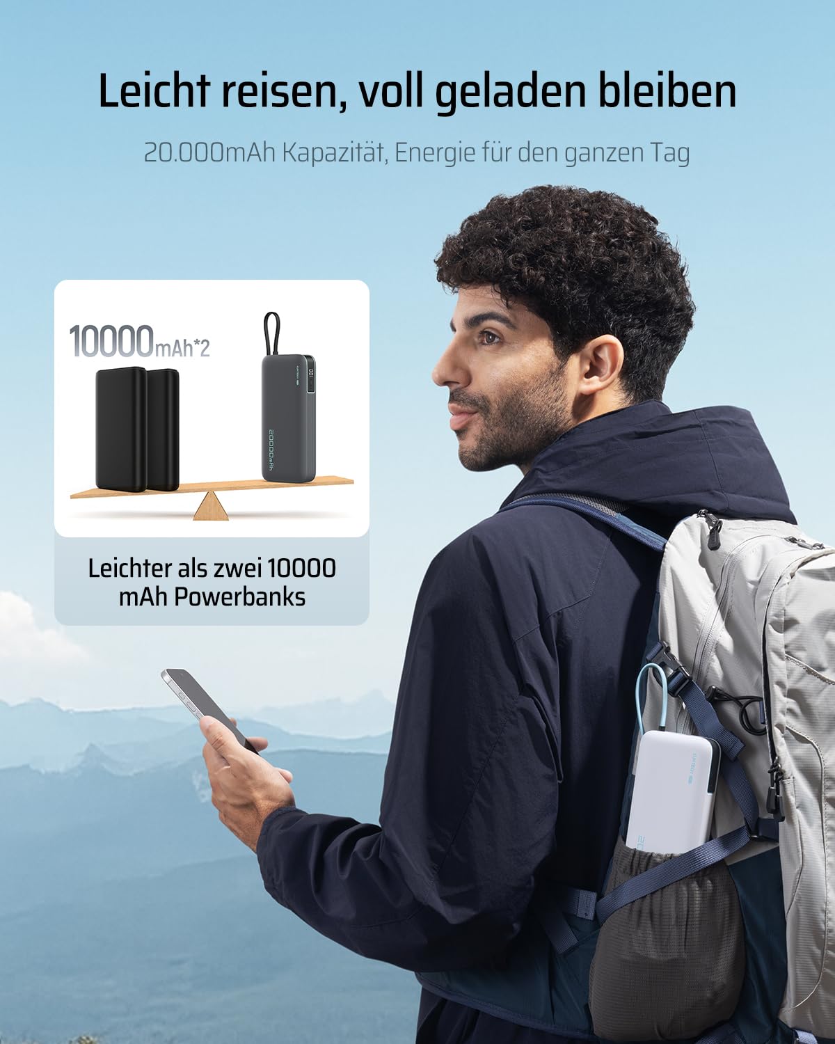 CUKTECH 20000mah Power Bank, 45W Powerbank mit Integriertem USB-C Kabel, Externe Handyakkus mit Schnellladefunktion, Externer Akku mit Digitales Display für iPhone 16/15 Pro Max, MacBook, Galaxy S25 5