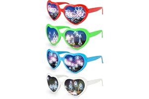 Hifot 4Pcs Heart Diffraction Glasses, Heart Xmas Tree Snowflake Snowman Effect Heart Shape Light Diffraction Glasses, Heart Glasses Rave Glasses Women Men for EDM Light Firework Show Rave Accessories