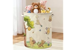 LOPEASTAR Oval Classic Winnie Bear Baby Laundry Basket Hamper for Nursery, Neutral Vintage Winnie Baby Stuff Waterproof Storage Basket Canvas Clothes Hamper