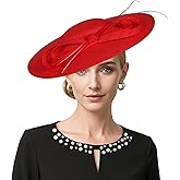 Wide Brim Church Hat for Women - Kentucky Fascinator with Bow Feather,Bridal Wedding Tea Party Derby Formal Flat Top Hats