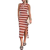 PRETTYGARDEN Summer Dresses for Women 2026 Casual Sleeveless Hollow Out Knit Side Slit Striped Beach Vacation Midi Dress