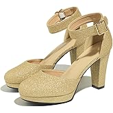 Lyngixko Women's High Block Heels Pumps Round Closed Toe Ankle Strap Wedding Dress Shoes