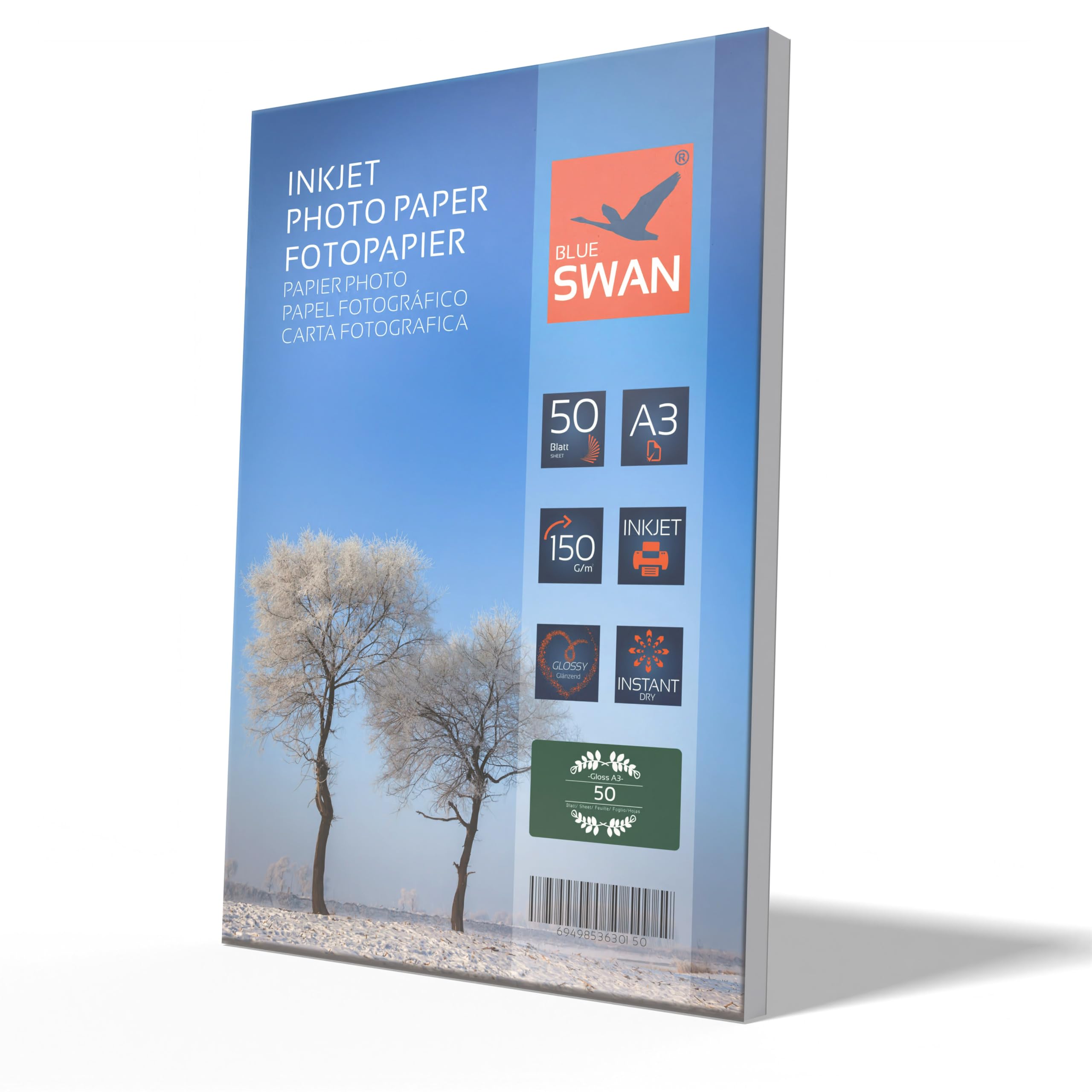 BLUE SWAN A3 Glossy Photo Paper 150gsm, 50 Sheets – Single-Sided Gloss Finish, Quick-Dry, Water-Resistant – for Inkjet Printers Canon HP Epson Brother