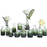 UPBUD Green Glass Bud Vases Set of 12, Mini Flower Vase for Centerpieces, Small Glass Vases in Bulk for Wedding Decorations, Vintage Vase for Bridal Shower, Party, Recepetion, Home Table Décor
