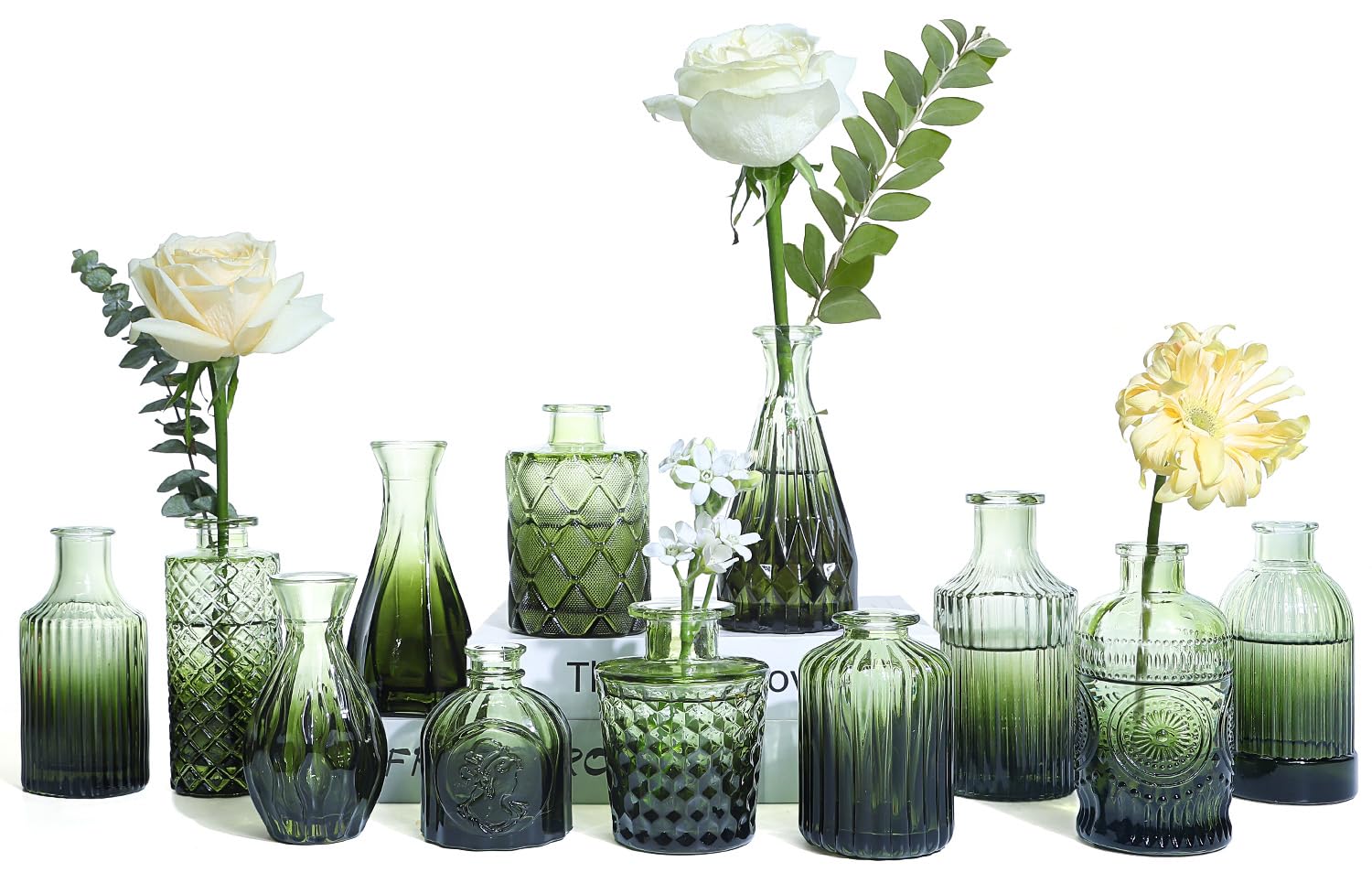 Photo 1 of UPBUD Green Glass Bud Vases Set of 12, Mini Flower Vase for Centerpieces, Small Glass Vases in Bulk for Wedding Decorations, Vintage Vase for Bridal Shower, Party, Recepetion, Home Table Décor