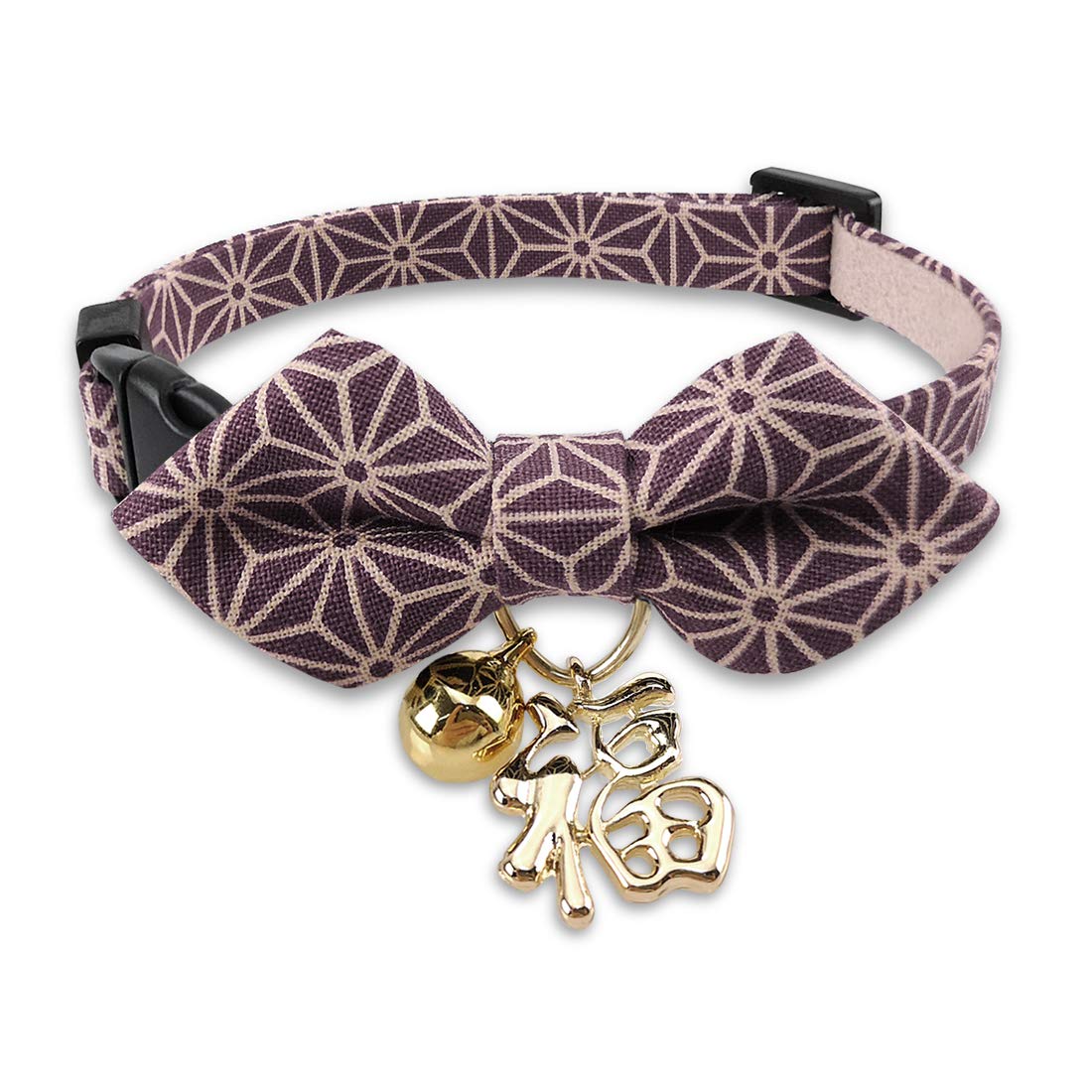 PetSoKoo Unique Diamond Shape Bowtie Cat Collar With Japan Lucky '福' Charm.Astringent Hemp Leaf Print.Safety Breakaway,Soft,Durable