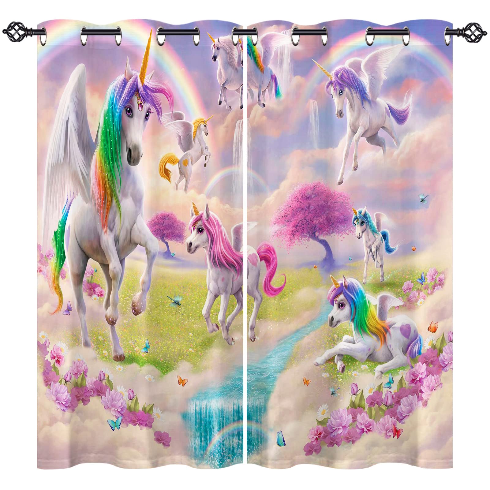 ANHOPE Unicorn Curtains Eyelet Ring Top Thermal Insulated 80% Blackout Curtains with Rainbow Unicorn Flower Print Pattern Window Drapes for Kids Girls Bedroom Living Room 46 x 63 Inch Drop 2 Panels