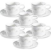 fanquare 7 Ounces Bone China Teacup and Saucer Set for 6, Silver Trimmed Peony Floral Porcelain Coffee Cup with Anti-Slip Design for Home Office Wedding