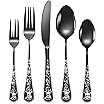 Skull Pattern Black Silverware Set for 8,OIULO 40-Piece Pirate Rose Flatware set,Skeleton Flower Bat Unique Design,Mirror Polished Gothic Knive Fork Spoon Cutlery Daily Halloween Party Gift Event