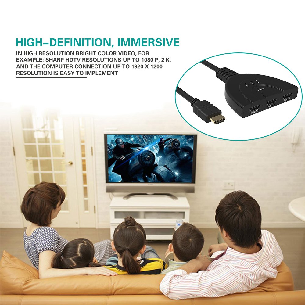 ranipobo HDMI Switch, 3 in 1 out HDMI Splitter with High Speed Switch Pigtail Cable Supports 3D 1080P HD Audio for HDTV,Projector Computer