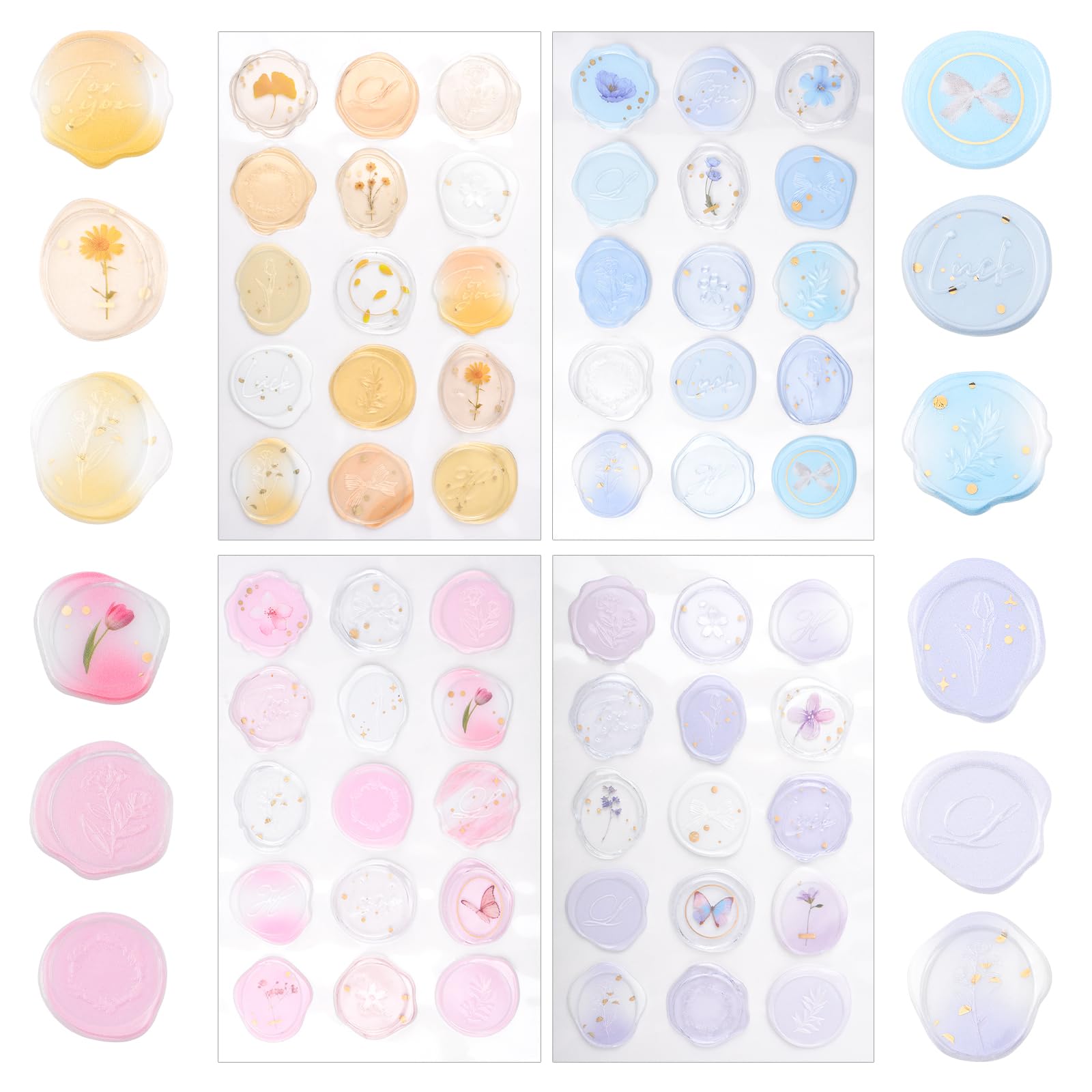 URROMA Wax Seal Stickers，60 Pcs Transparent Acrylic Blue Purple Romantic Gradient Seal Stickers for Envelopes, Scrapbooking, Greeting Cards, DIY Decoration Wedding Party Invitations