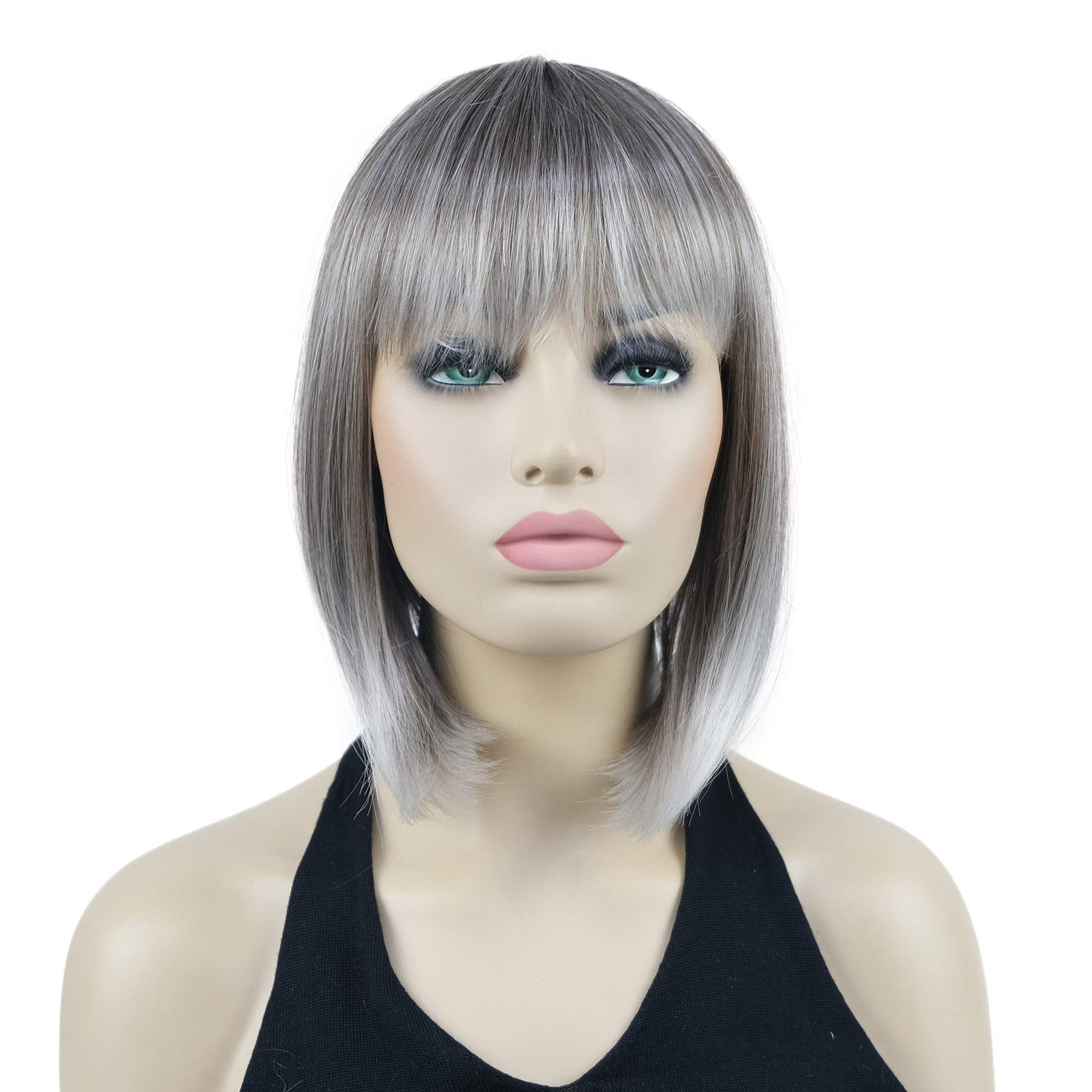 Lydell 10" Short Straight Bob Hair Wigs with Bangs Synthetic Hair Cute Wigs (48T Light Gray with Dark Root)