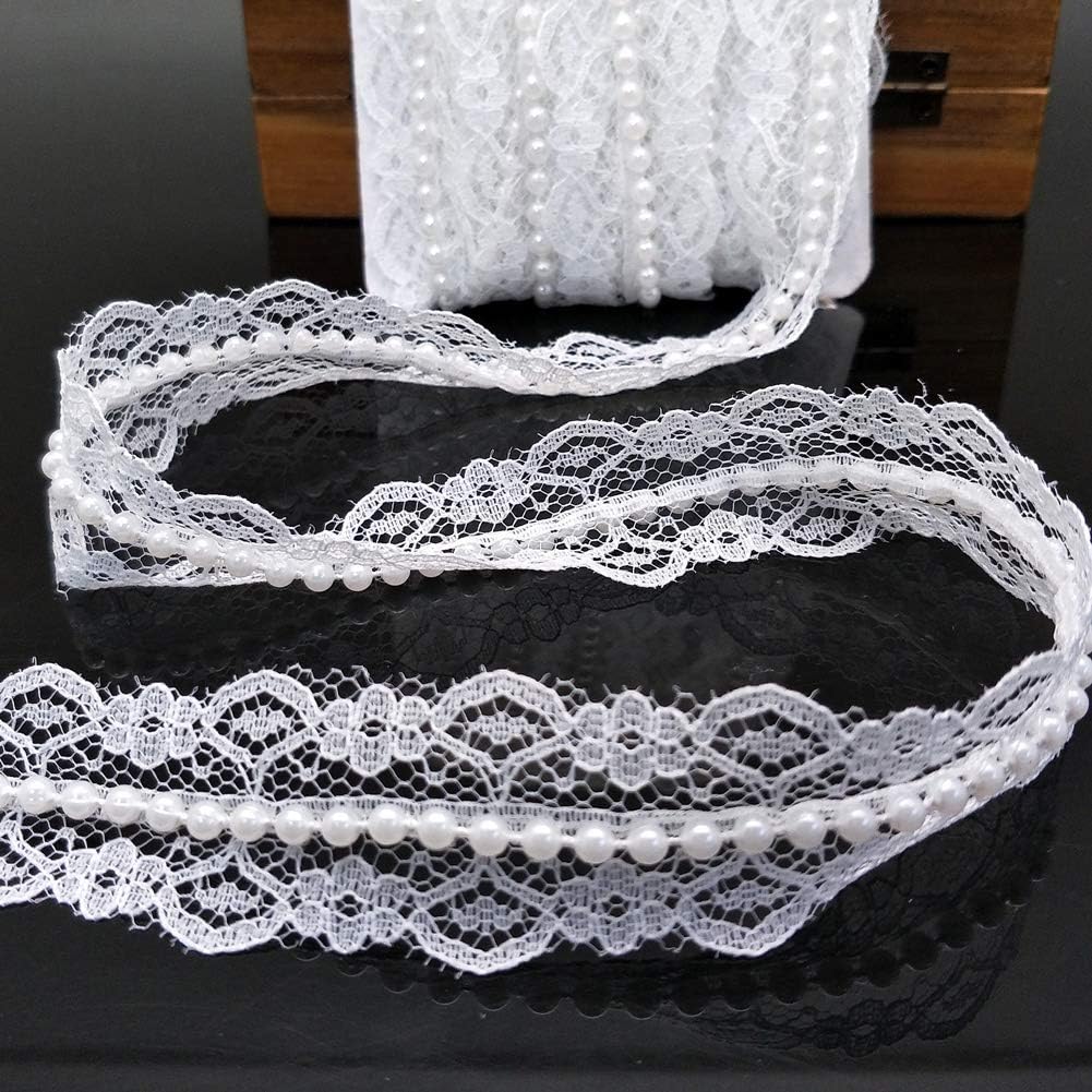 FQTANJU 10 Yards Braided Beaded Pearls Trimming Lace Ribbon Trim Applique Pearl Fringe for Bridal Wedding Party Decoration, Home Deco, Costume, Craft Sewing Supplies (White)