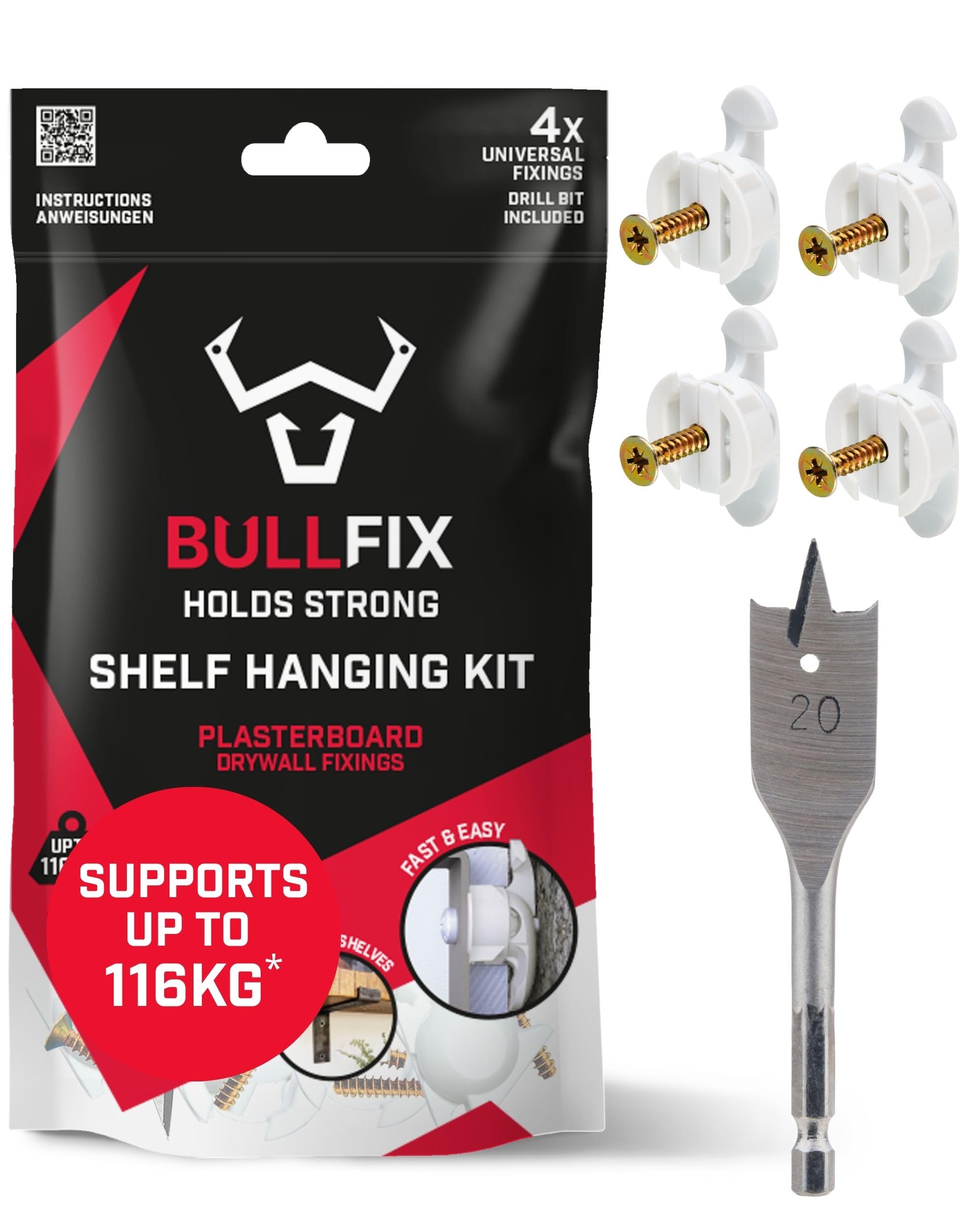 Bullfix Shelf Fixing Kit - Heavy Duty Plasterboard Fixings for Shelves, 4 Bullfix Universal Fixings with Collars and a 20mm Drillbit, Heavy-Duty Shelving Mounting Kit