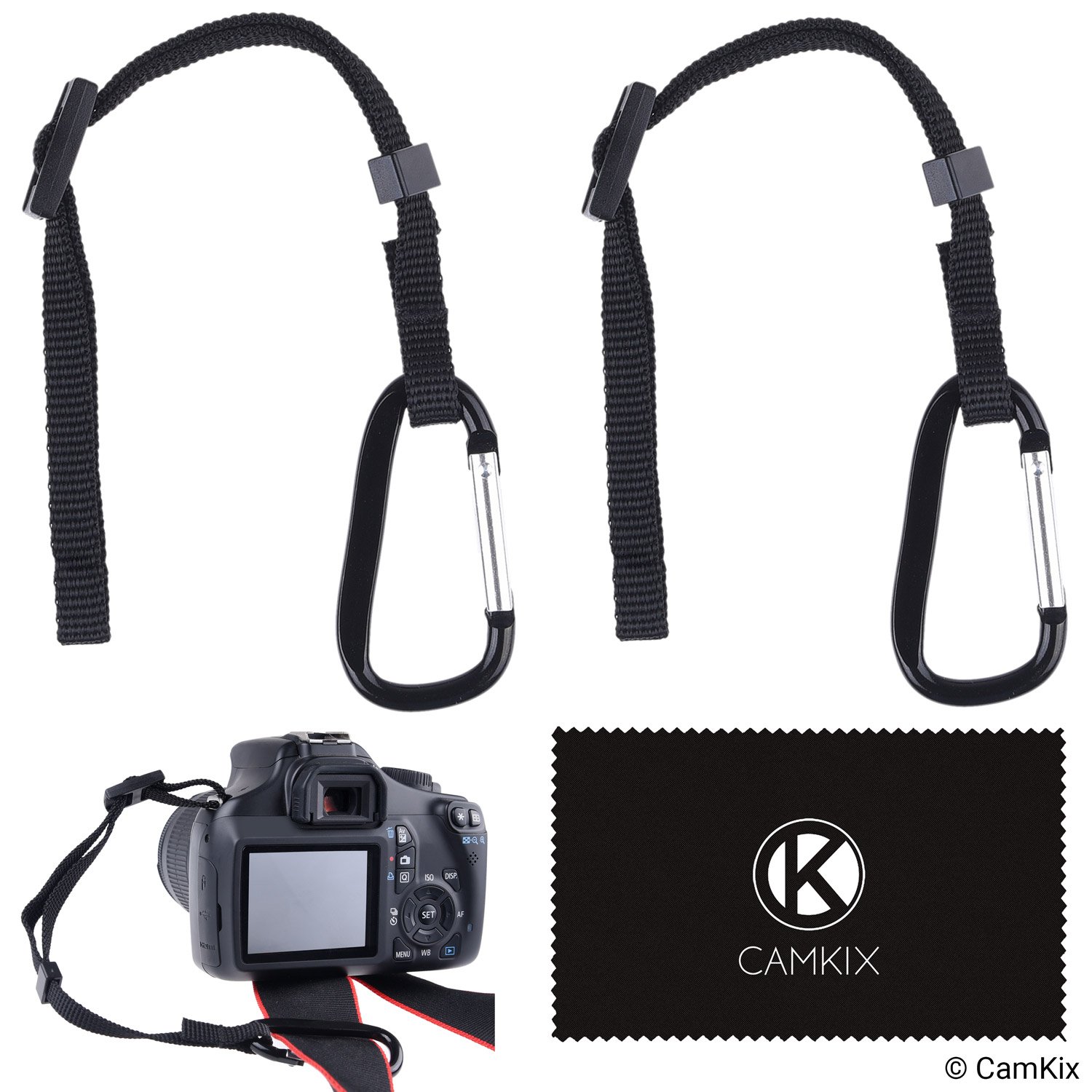 2x Camera Tether with Carabiner - Double Secure your DSLR or Compact Camera - First Attach to Camera Eyelet - Then Hook Up to Camera Strap, Tripod, Monopod, etc. - Offers Extra Protection Black