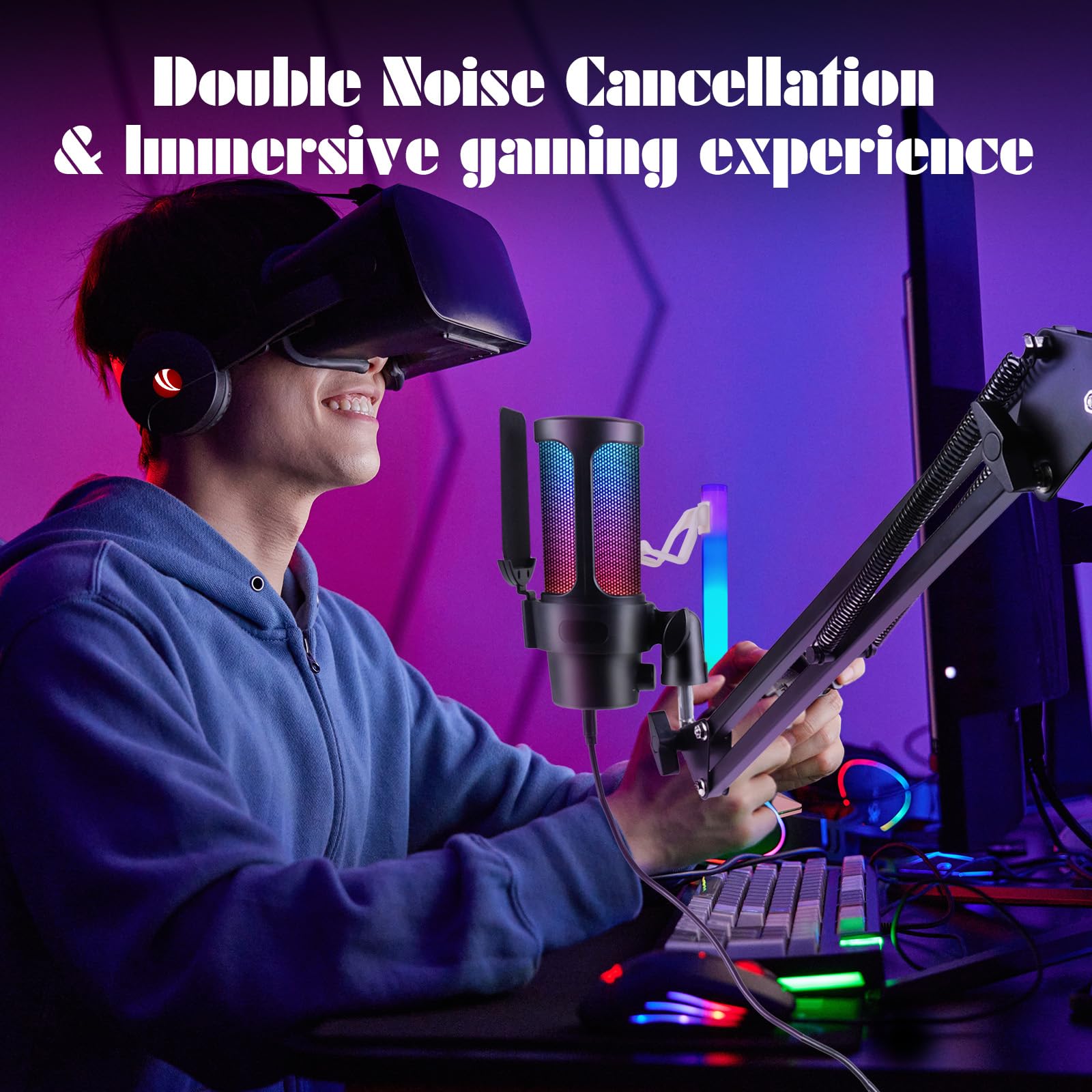 V VCOM Gaming Mikrofon mit Arm, USB Microphone Kit mit RGB Modi, Mute 6