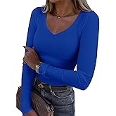 Roselux Womens Long Sleeve V Neck Ribbed Knit Fitted Casual Tops Tee Slim Basic Shirt