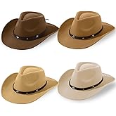 Mumufy 4 Pcs Classic Western Cowboy Hat Men Felt Wide Brim Hats Women Belt Buckle Cap for Adults