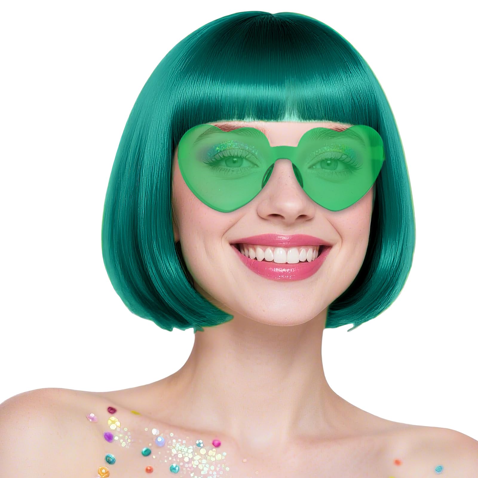 Photo 1 of MEEZY Blue-Green Short Bob Wigs Straight Hair with Flat Bangs Heart Shape Sunglasses for Women, Colorful Funny Cosplay Party Neon Wig Synthetic Natural As Real Carnival Halloween Costume
