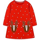 Hongshilian Girls Cotton Long Sleeve Dress Casual Cartoon Appliques Party Dresses
