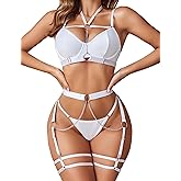 Avidlove Lingerie Set for Women Sexy Strappy 5 Piece Lingerie Garter with Underwire Push Up Bra and Chain
