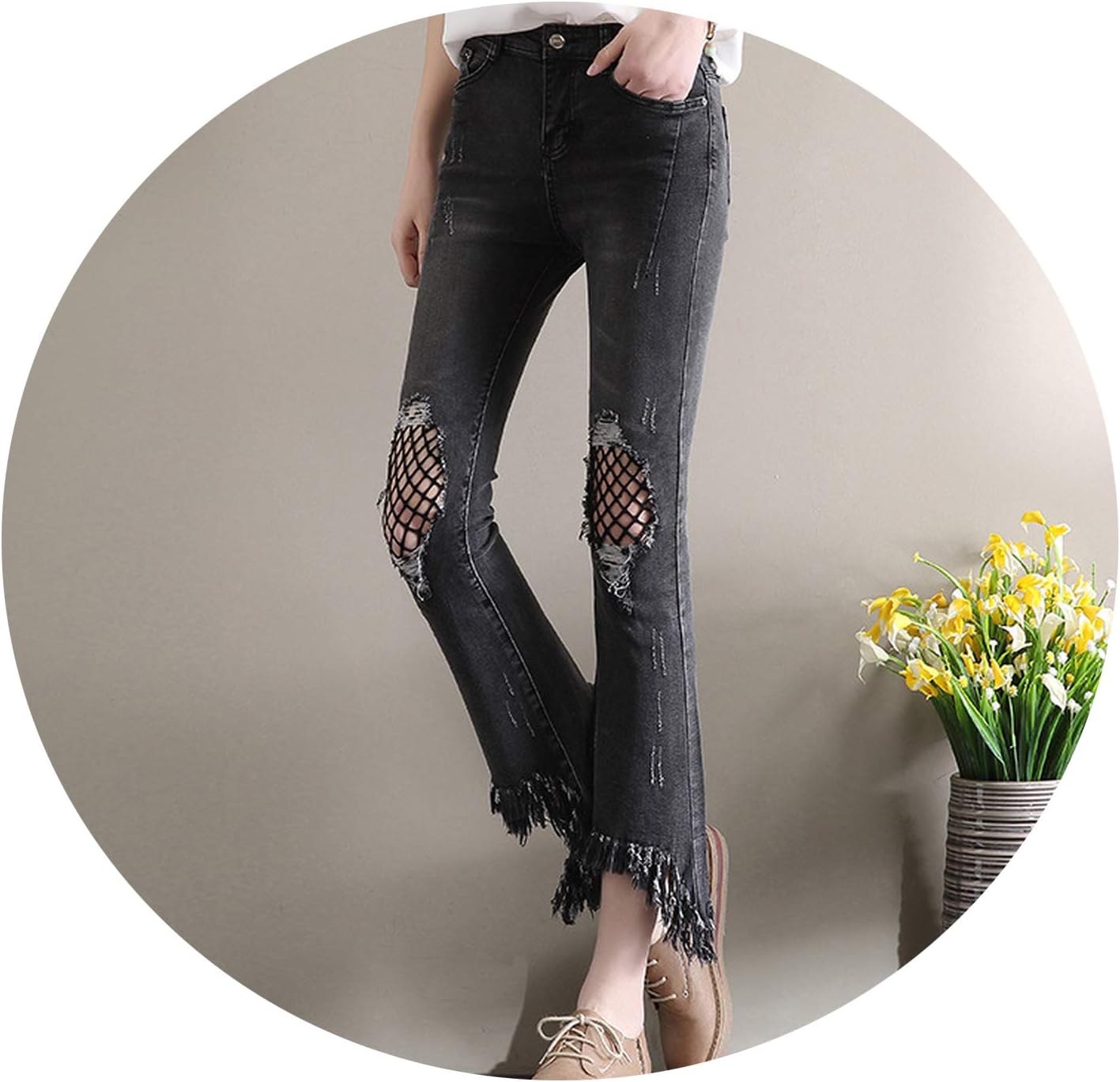 yanyuz 2019 High Waist Jeans Women Summer Vintage Loose Female Denim Fishnet Mesh Flare Pants Jeans