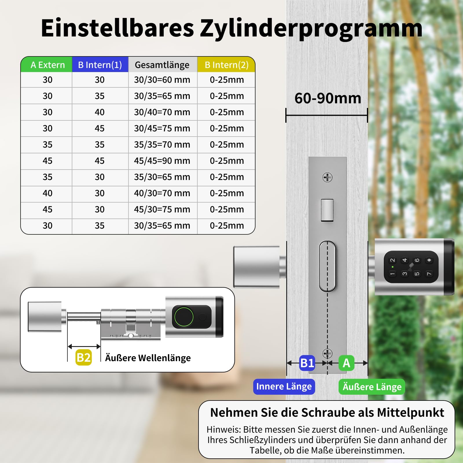Türschloss Fingerabdruck Smart Lock, Schließzylinder 60-90mm(30/30,45/45), Elektronisches Fingerabdruck Türschloss Haustürschloss mit RFID, App, Bluetooth, Tasten Smart Türschloss mit Zahlencode 2