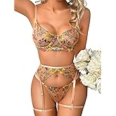 Kaei&Shi Vibrant Floral Embroidery, Underwire, Thong, Thigh Straps, Lingerie Set