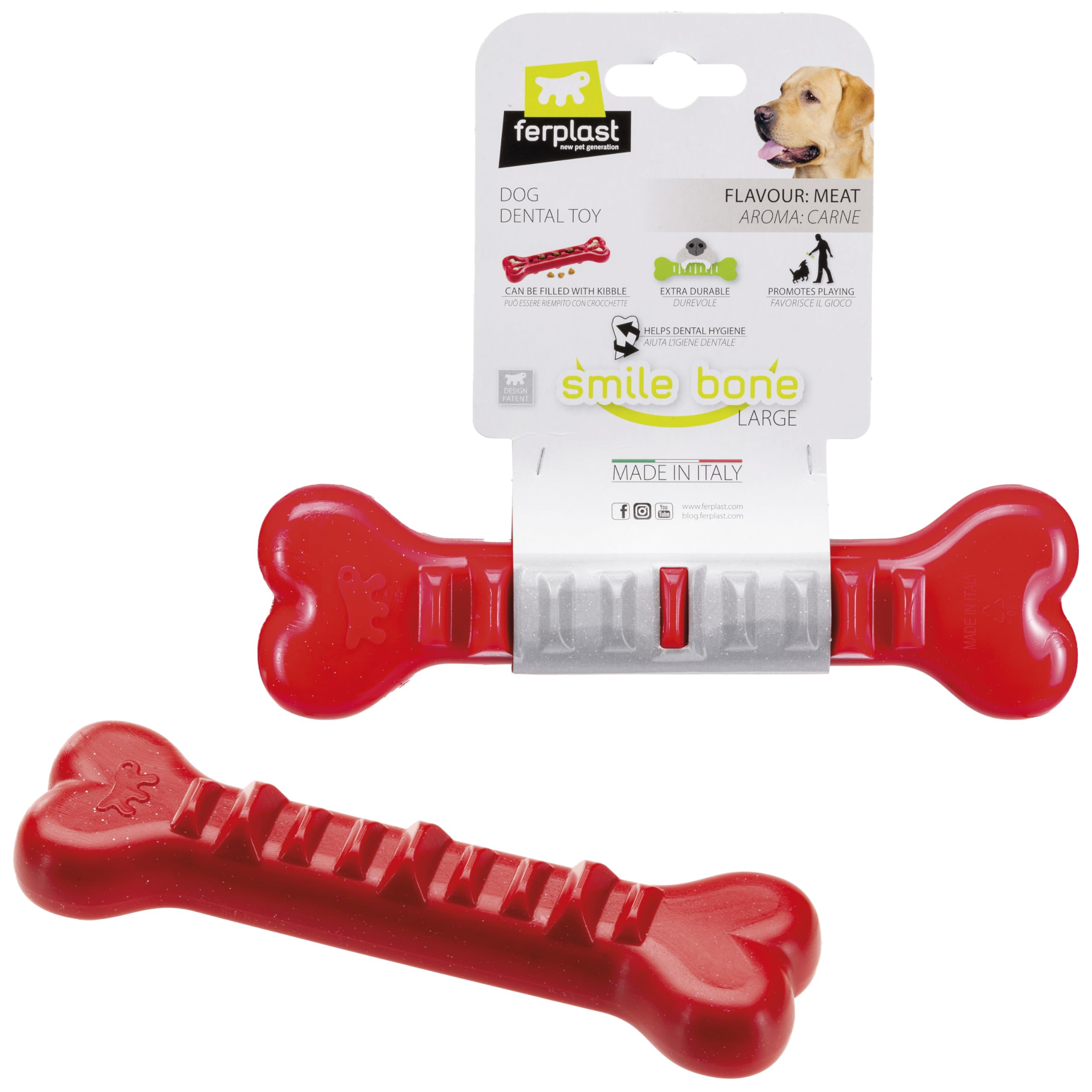 Ferplast Dog Toy, Dog Treat Dispenser Bone, Chew Toy, Made of Durable Material, Meat Flavoured, for Dog Dental Hygiene, SMILE Dog Bone, Large Size Dog Toys, Red