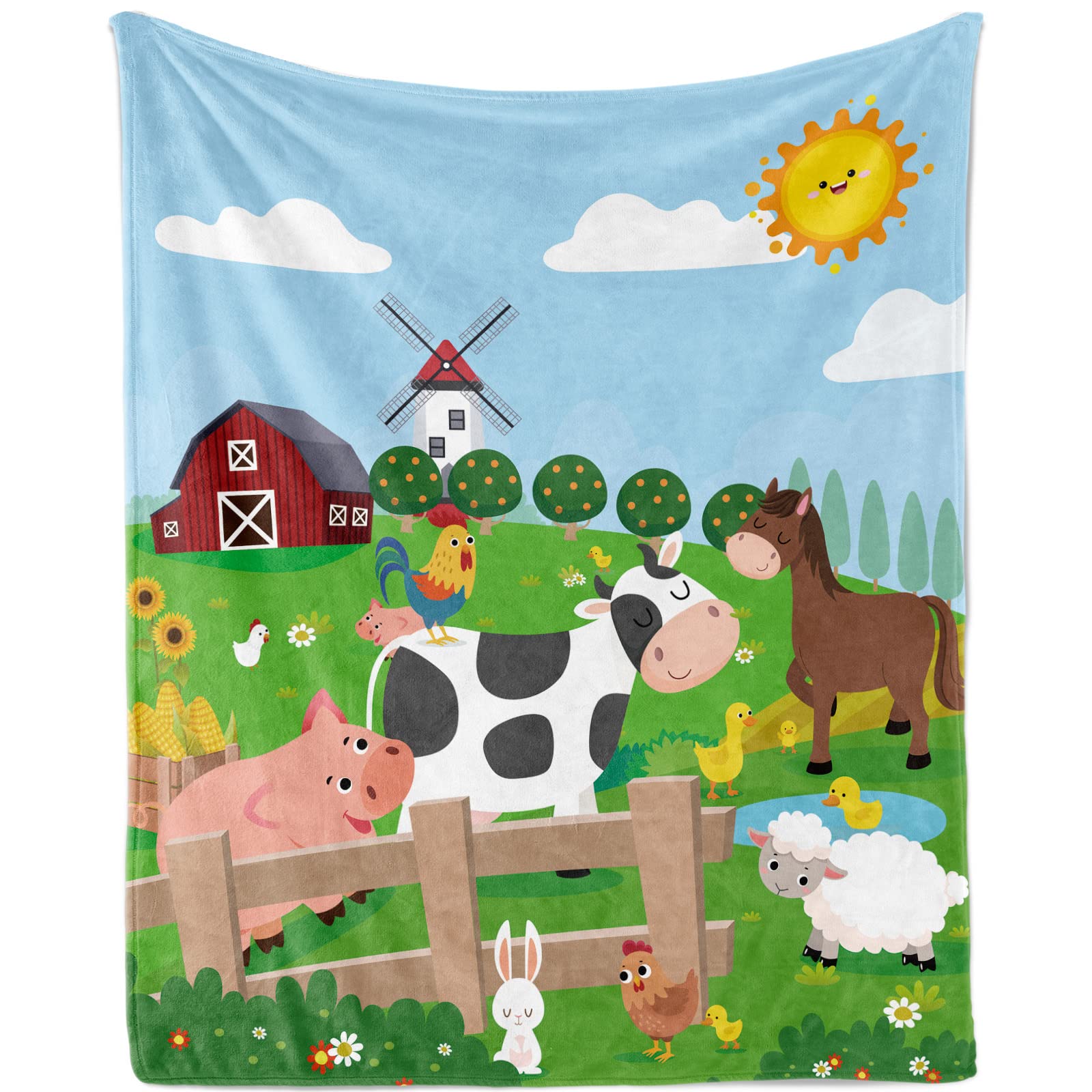 TUTUXMA Farm Animals Blanket, Theme Soft Plush Fleece Throw, Cartoon Animal Print Cozy Flannel Fuzzy for Bed Sofa Couch, Warm Style Cute Kids Boys Girls Gift, 75x100cm, 30x40 inch