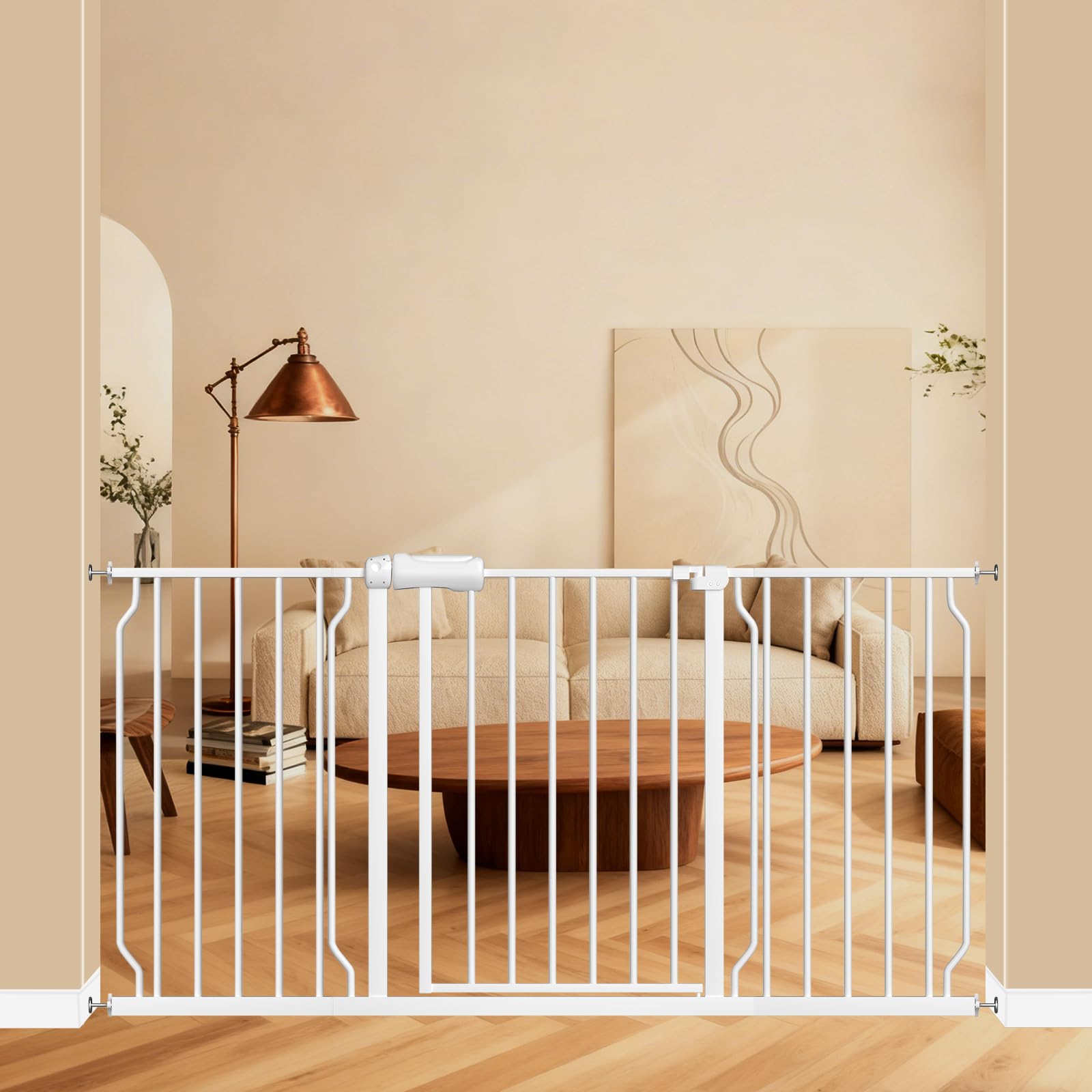 ALLAIBB Extra Wide Pressure Mounted Baby Gate Walk Through Child Kids Safety Toddler White Long Large Pet Dog Gates with Extension for doorways Kitchen and Living Room (57.48-62.20"/146-158cm) Image