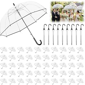 60 Pack Clear Wedding Umbrellas, Auto Open Bulk Stick Umbrella, Large Transparent Plastic Umbrella with J Hook Handle for Rai
