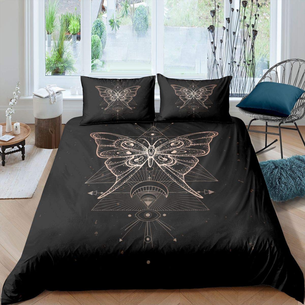 Butterfly Bedding Set for Girls Boys Sacred Geometric Symbol Comforter Cover Gold Line Duvet Cover Black Vintage Abstract Bedspread Cover Super King 3Pcs