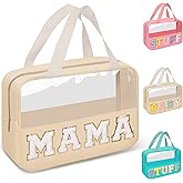 Preppy Clear Mama Makeup Bags with Chenille Letter Patches, Travel Essentials Large Clear Make up Bag Zipper Pouch with Handle, Waterproof Nylon Cosmetic Toiletry Storage Tote for Women (MAMA-Beige)
